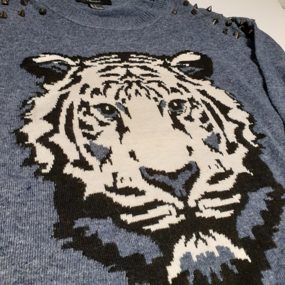 Blue Grey Studded Tiger Forever 21 Sweater
